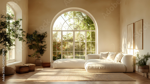 Design for a cream-colored apartment living room with smooth arc doors  comfortable furniture  and simple lighting.