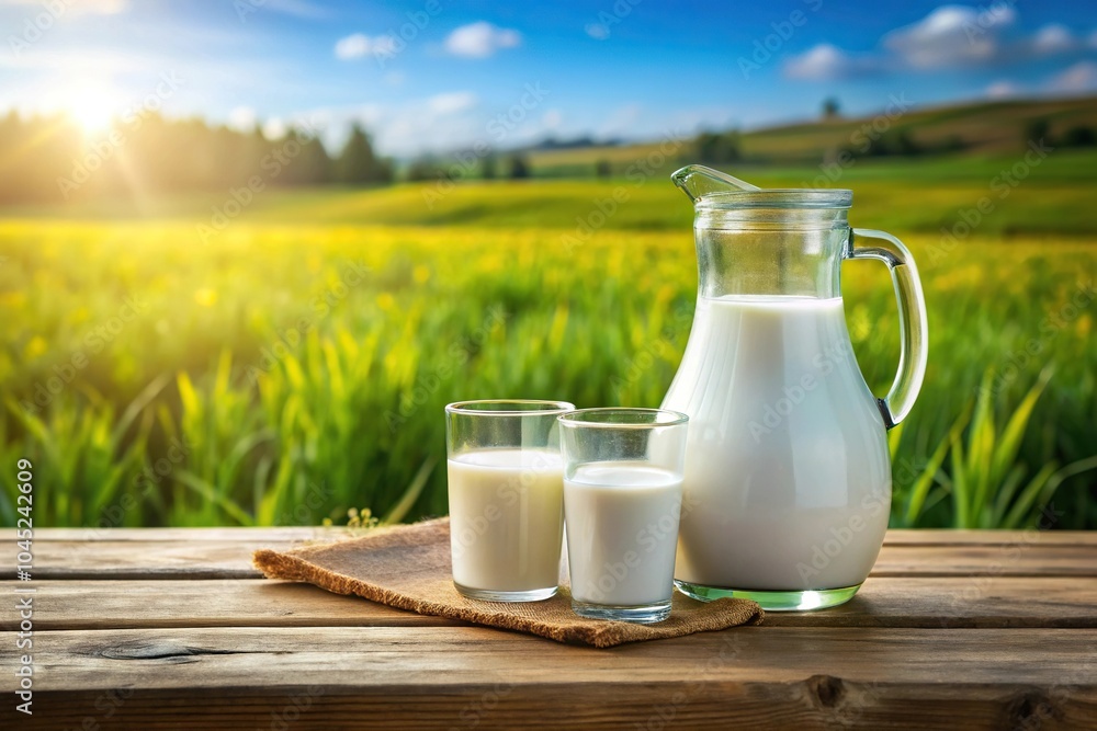 Forced perspective of jug filling glass of milk with field in background Forced perspective of jug filling glass of milk with field in background