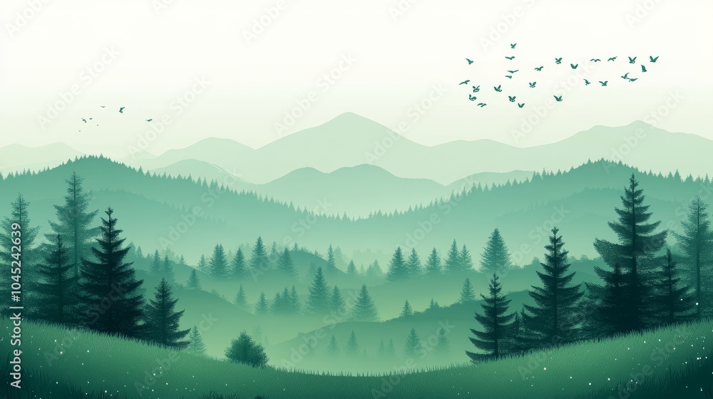 Fototapeta premium A serene landscape featuring lush green hills and a misty forest under a pastel sky with flying birds.