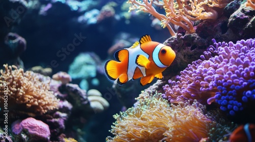 Clownfish swimming through a coral reef, surrounded by various coral species, enjoying the underwater environment.