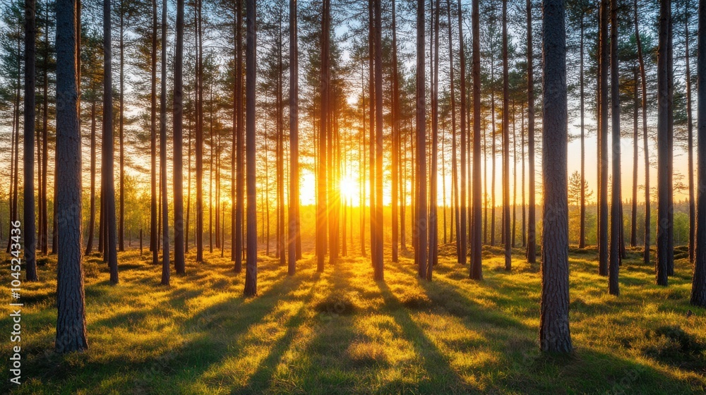 Serene Sunset in a Pine Forest with Golden Light Serene Sunset in a Pine Forest with Golden Light