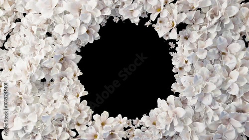 Floral frame of soft white and pink flowers surrounds a central black space, creating an elegant, romantic feel. Alpha, 4k animation. 
