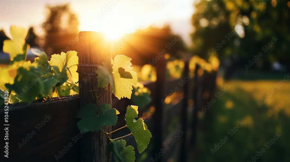 custom made wallpaper toronto digitalGolden sunlight shines through green leaves on a wooden fence in a rural setting.