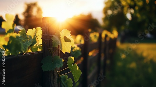 Wallpaper Mural Golden sunlight shines through green leaves on a wooden fence in a rural setting. Torontodigital.ca