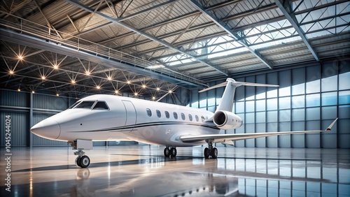 Forced perspective of white private jet parked inside airplane hangar