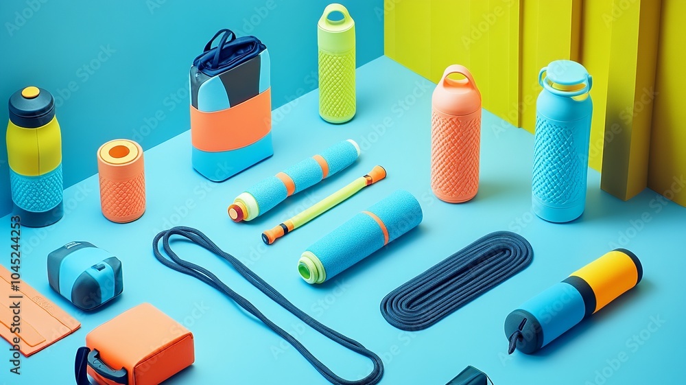 Featuring a flat lay of fitness accessories, this active-themed composition includes a water bottle, resistance bands, and a jump rope, enhanced by bright colors and controlled lighting.
Featuring a flat lay of fitness accessories, this active-themed composition includes a water bottle, resistance bands, and a jump rope, enhanced by bright colors and controlled lighting.
