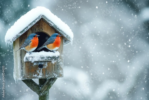 Two birds waiting out snowstorm in birdhouse