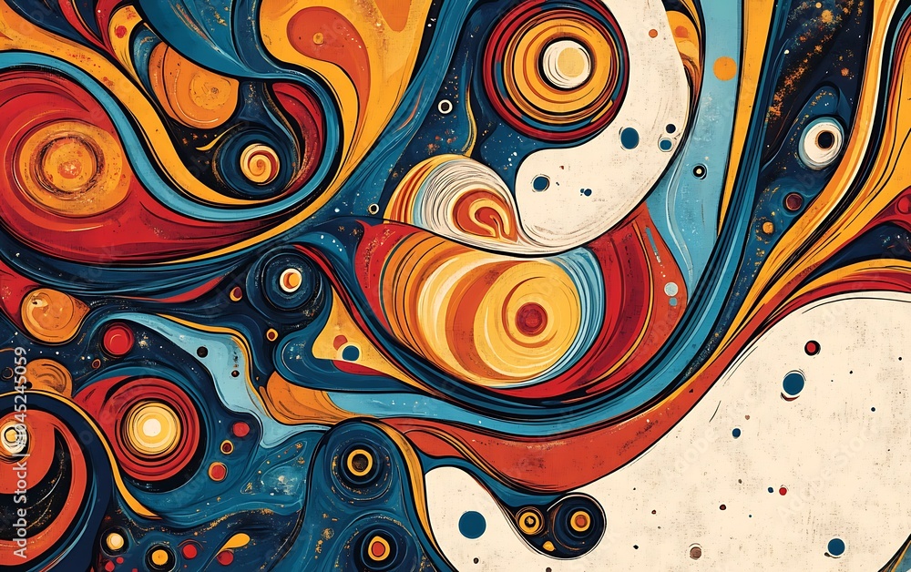 Naklejka premium Abstract swirling pattern with vibrant colors and circular elements.