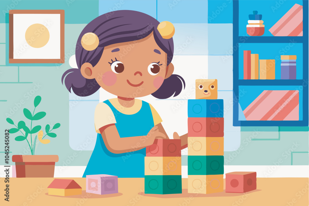 A cheerful girl plays with multicolored blocks in a room filled with books, a clock, and a teddy bear. The setting is educational and vibrant. A cheerful girl plays with multicolored blocks in a room filled with books, a clock, and a teddy bear. The setting is educational and vibrant.