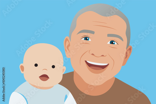 Elderly man in brown T-shirt joyfully holds baby in white clothes with blue eyes. Warm family bond shown in a harmonious and affectionate scene.
