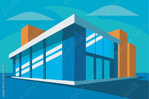 A vibrant, modern glass building in blue and orange hues, with large windows against a sky blue backdrop. Conveys modernity and innovation.