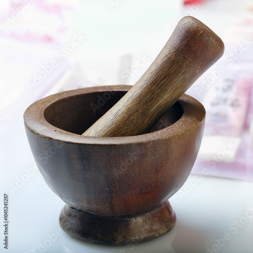 A rustic wooden mortar and pestle, ready for use. Its smooth, dark brown wood shows signs of age and use, adding to its charm. Perfect for grinding spices or herbs.