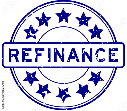 Grunge blue refinance word with star icon round rubber seal stamp on white background