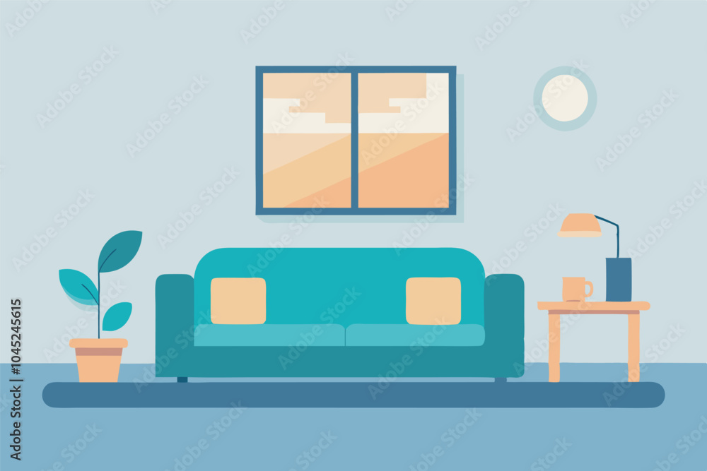 Fototapeta premium Cozy living room with dark green sofa, yellow accents, plant, clock, and picture frame. Blue carpet and light green walls create a comfy, homey vibe.