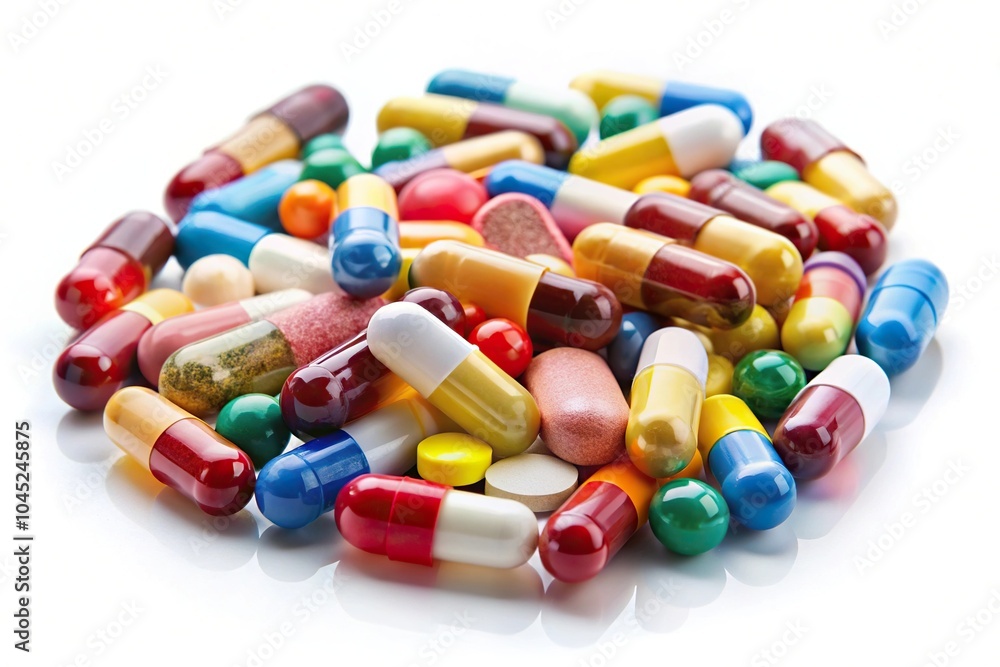 Forced perspective pills capsules isolated on white background Forced perspective pills capsules isolated on white background