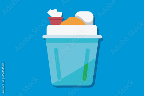 A blue bin with recyclable and general trash items is shown against a blue background. Emphasizes responsible waste management but bin's purpose is unclear.