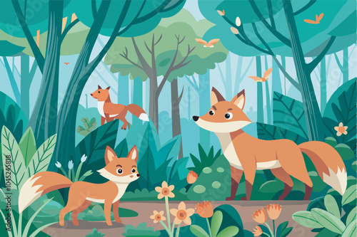 An illustration of a fox family in a lush forest with vibrant plants and butterflies. The mother fox and two cubs are depicted with red fur and upright ears.