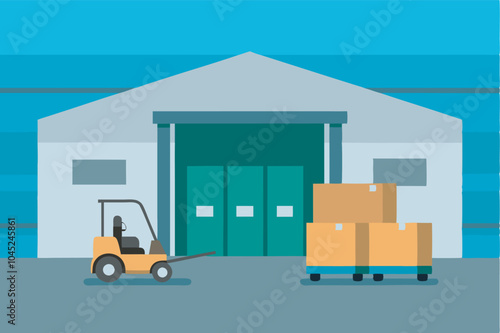 Image of warehouse with forklift moving boxes. Calm, orderly setting implies efficient storage facility operations.