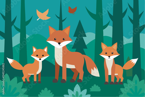 Illustration of a mother fox with her kits in a serene forest. Vibrant colors, tall trees, and birds flying in the sky create a peaceful scene.