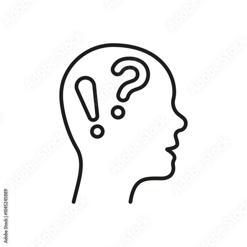 Human Head With Exclamation And Question Mark Line Icon. Thoughtful Mind And Curiosity Outline Symbol. Mental State Of Surprise And Inquiry. Editable Stroke. Isolated Vector Illustration