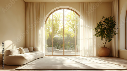 Design for a cream-colored apartment living room with smooth arc doors, comfortable furniture, and simple lighting.