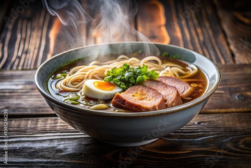 Forced perspective plate of steaming hot ramen with flavorful broth and succulent meat photo