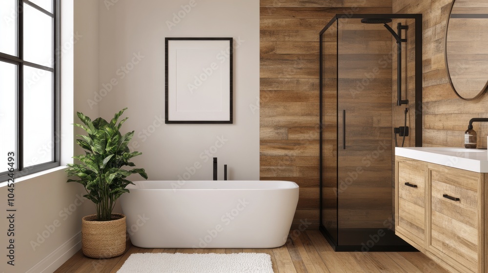 Fototapeta premium Modern Scandinavian Bathroom with Light Wood Accents