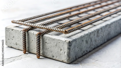 Forced perspective rebar steel in reinforced concrete block on white background