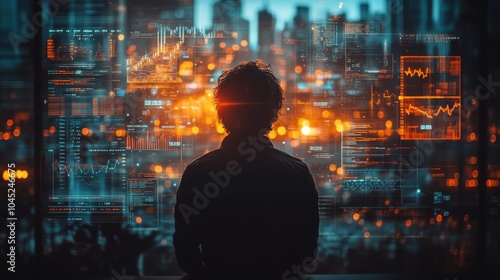 A contemplative individual silhouetted against a vibrant cityscape filled with digital data at dusk