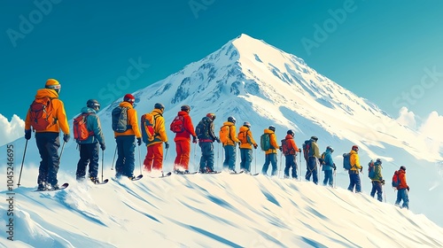 the illustration of a diverse group of snowboarders at the top of a snowy slope, with colorful snowboards and gear, symbolizing adventure and fun on World Snowboard day