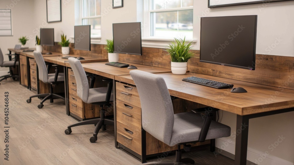 Modern Office Space with Open Desks and Stylish Decor Modern Office Space with Open Desks and Stylish Decor