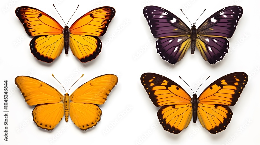 Four butterflies, two orange and two purple, isolated on a white background. Four butterflies, two orange and two purple, isolated on a white background.