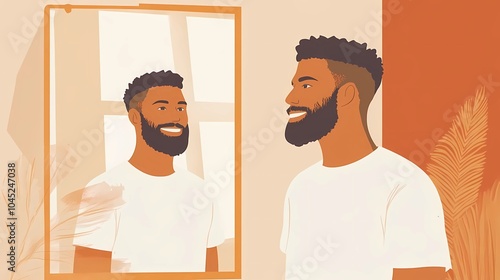 A flat illustration of a man standing in front of a mirror, smiling as he watches his beard grow day by day, No Shave November