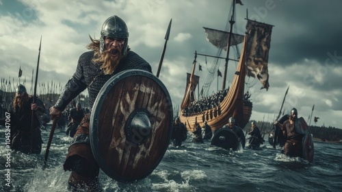 Viking warriors charge through water, armed with armor and shields for battle