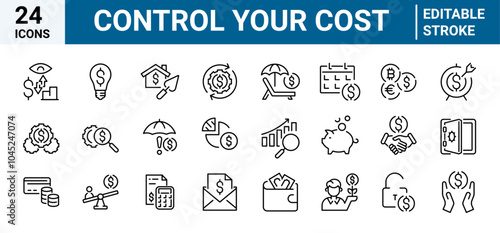 Control your Cost web line icons. Manage finance. Bank and payment, Cash. Editable stroke.