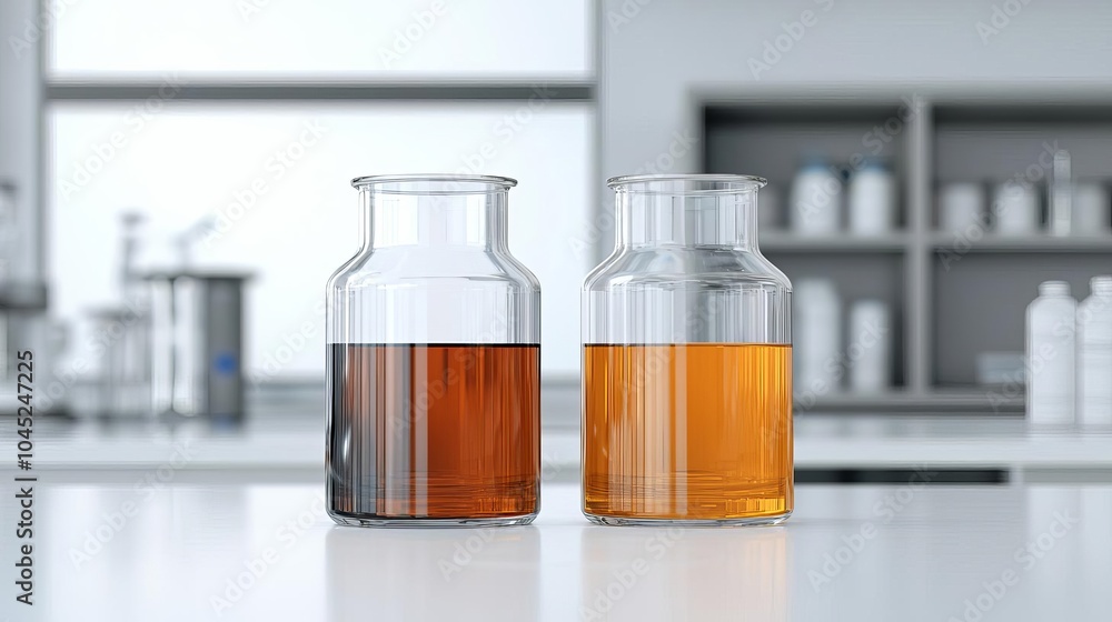 Laboratory glassware with liquid samples on a clean lab countertop. Laboratory glassware with liquid samples on a clean lab countertop.