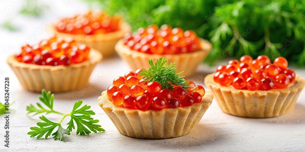 Forced perspective red salmon caviar tartlets with greenery on light background Forced perspective red salmon caviar tartlets with greenery on light background