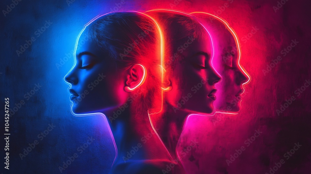 A serene female portrait featuring graceful profiles illuminated with vibrant blue and red neon lights. A serene female portrait featuring graceful profiles illuminated with vibrant blue and red neon lights.