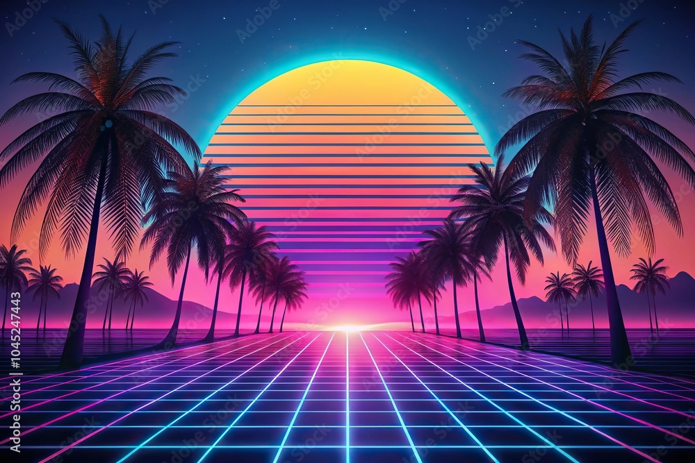 Fototapeta premium Forced perspective retro neon landscape with palms