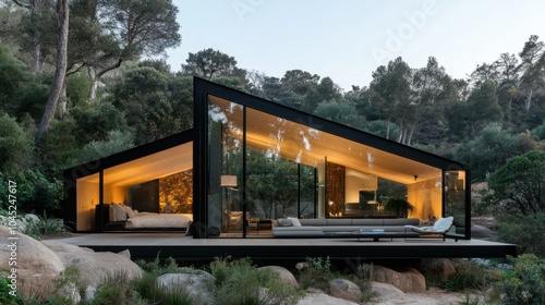 Exterior of modern modular house, showcasing innovative design with large glass panels and natural surroundings.