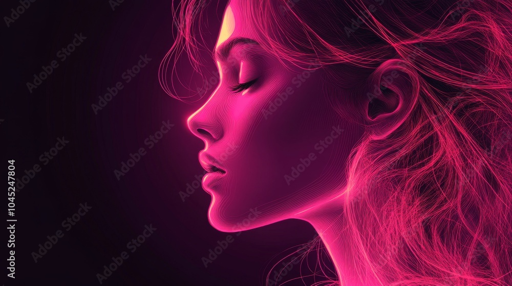 A mesmerizing portrait of a young woman with flowing hair, illuminated by vibrant pink neon light, creating a dreamy effect. A mesmerizing portrait of a young woman with flowing hair, illuminated by vibrant pink neon light, creating a dreamy effect.