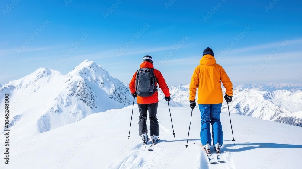 Skiers Enjoying Sunny Powder Day in the Mountains Skiers Enjoying Sunny Powder Day in the Mountains