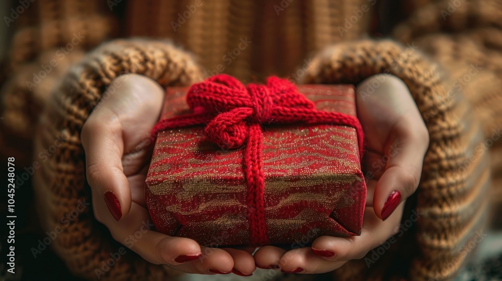 A cozy moment of joy as hands cradling a beautifully wrapped gift create warmth during the festive season. Generative AI A cozy moment of joy as hands cradling a beautifully wrapped gift create warmth during the festive season. Generative AI