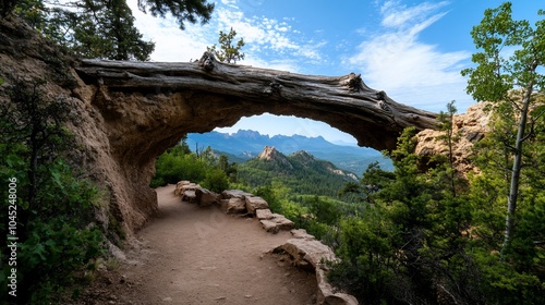 A natural archway formed by a fallen log frames a scenic mountain view.