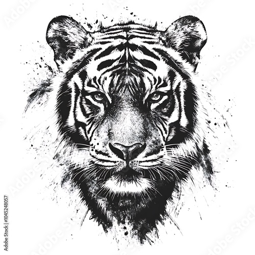 Black and white illustration of a tiger's head with a grunge effect. photo