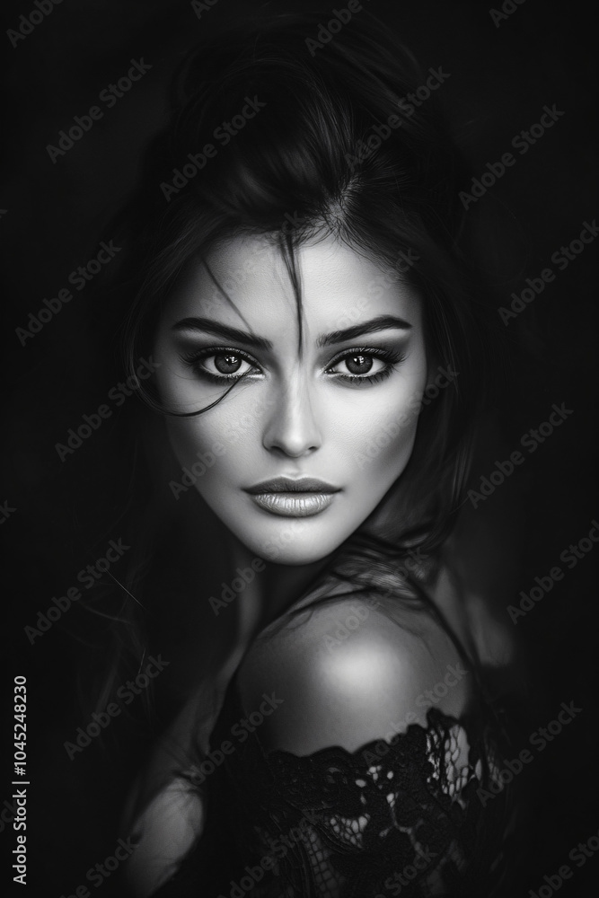 portrait of a young woman in front of a black background portrait of a young woman in front of a black background
