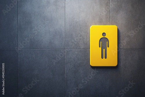 Bright yellow men's restroom sign mounted on a textured gray wall in a public facility