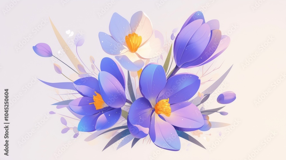 A vibrant bouquet of purple and white crocus flowers, showcasing intricate petals and delicate colors. A vibrant bouquet of purple and white crocus flowers, showcasing intricate petals and delicate colors.