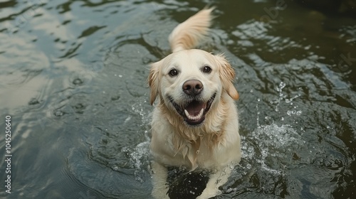 Happy dog playing and swimming in a peaceful river, creating ripples and splashes as it moves.