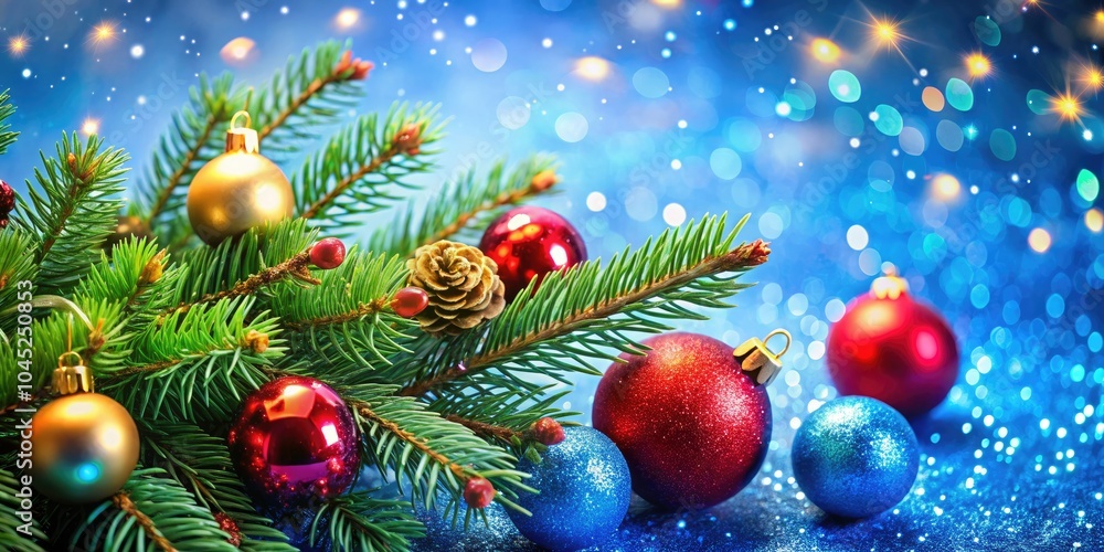 This stunning blue Christmas scene highlights fir branches, colorful ornaments, and sparkling decorations, effortlessly evoking a sense of elegance and joy for the festive season. This stunning blue Christmas scene highlights fir branches, colorful ornaments, and sparkling decorations, effortlessly evoking a sense of elegance and joy for the festive season.